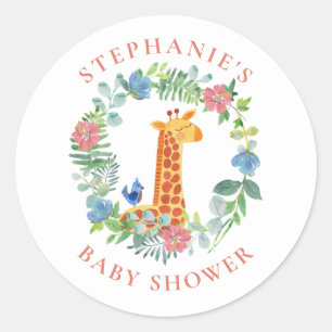 Baby Shower Giraffe Floral Wreath Personalised Classic Round Sticker
