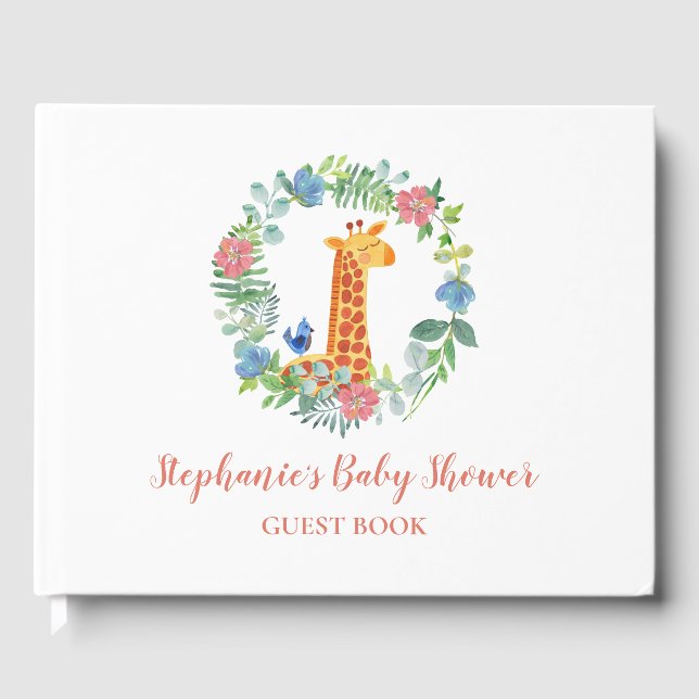 Baby Shower Giraffe & Floral Wreath Personalised Guest Book (Front)