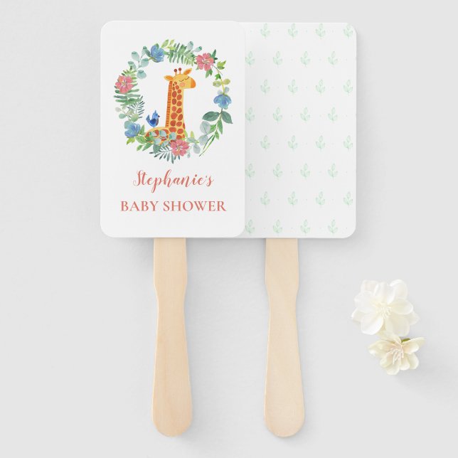 Baby Shower Giraffe Floral Wreath Personalised Hand Fan (Front and Back)