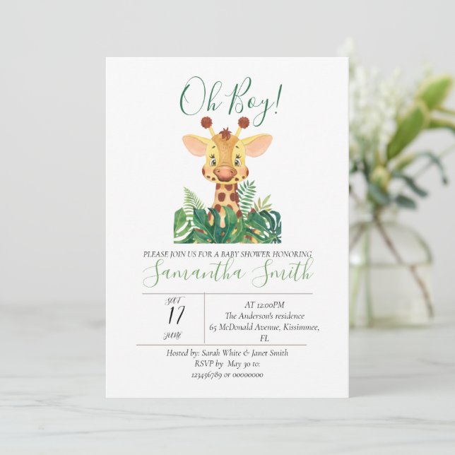 Baby Shower Giraffe Jungle Watercolor  Invitation (Standing Front)