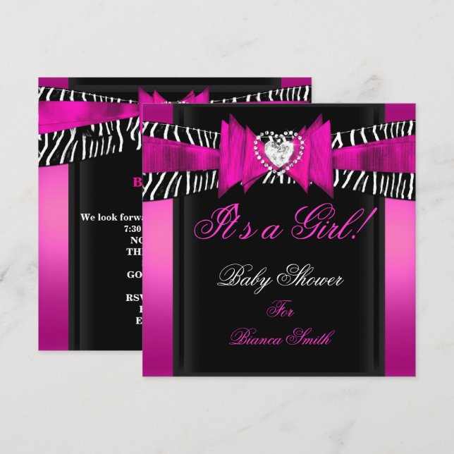 Baby Shower Girl Baby Hot Pink Black Zebra Invitation (Front/Back)