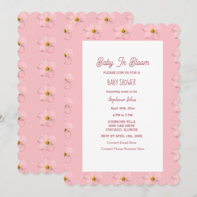 Baby Shower Girl Baby In Bloom Floral Pattern Pink Invitation (Front/Back)
