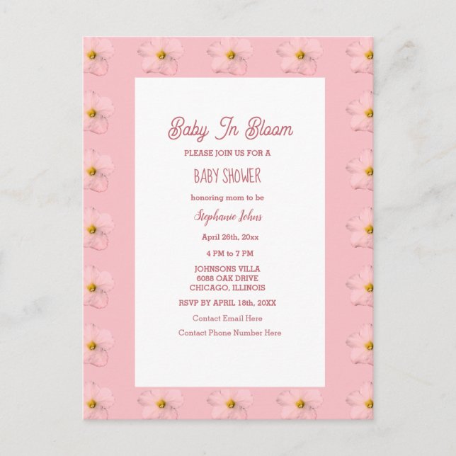Baby Shower Girl Baby In Bloom Floral Pattern Pink Postcard (Front)