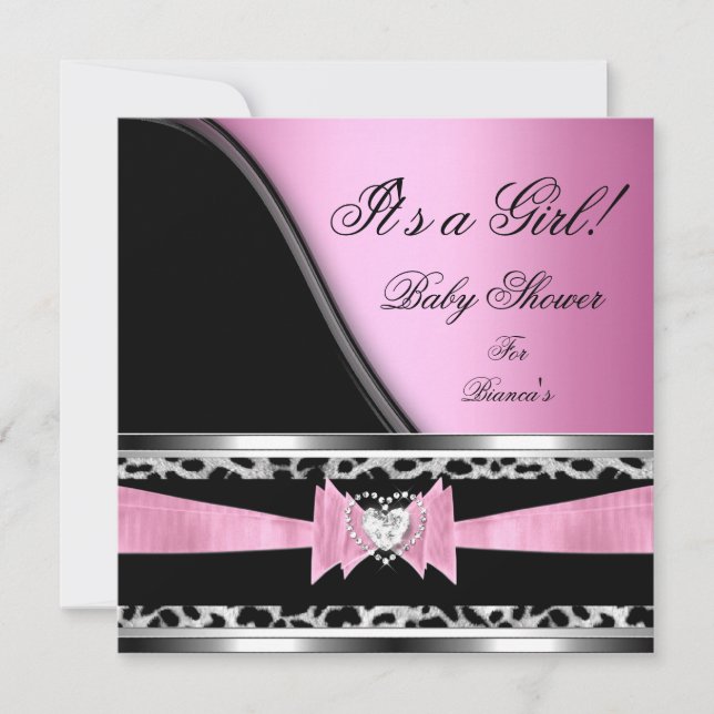 Baby Shower Girl Baby Pink Black Leopard Invitation (Front)