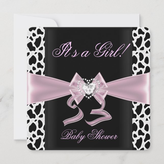Baby Shower Girl Baby Pink Black White Cow Print 2 Invitation (Front)