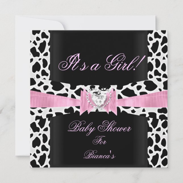 Baby Shower Girl Baby Pink Black White Cow Print Invitation (Front)
