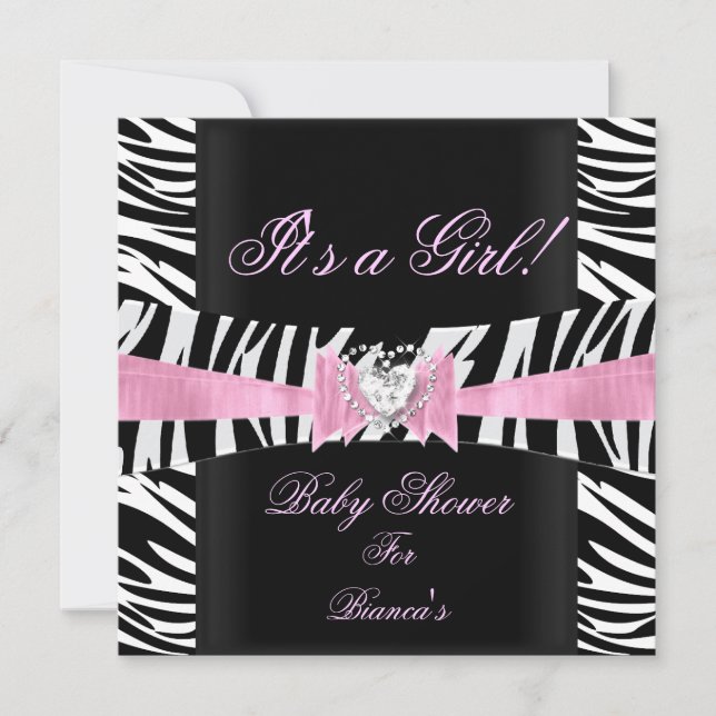 Baby Shower Girl Baby Pink Black White Zebra Invitation (Front)