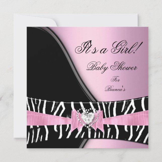 Baby Shower Girl Baby Pink Black Zebra Invitation (Front)