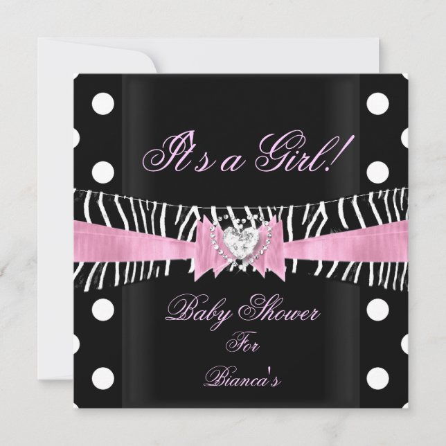 Baby Shower Girl Baby Pink Black Zebra polka dots Invitation (Front)