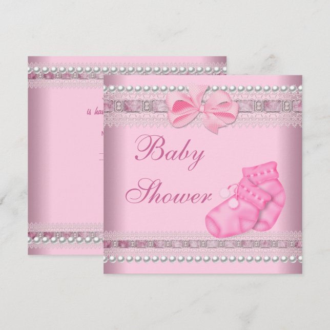 Baby Shower Girl Baby Pink Booties Pearl Lace Invitation (Front/Back)