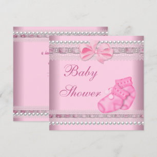Baby Shower Girl Baby Pink Booties Pearl Lace Invitation