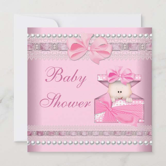 Baby Shower Girl Baby Pink Gift Pearl Lace Invitation (Front)