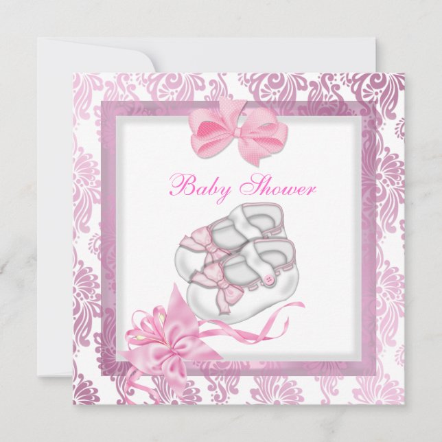 Baby Shower Girl Baby Pink Shoes Damask White Invitation (Front)