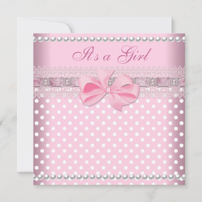 Baby Shower Girl Baby Pink Spot Pearl Lace Invitation (Front)