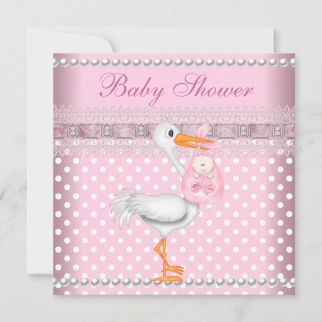 Baby Shower Girl Baby Pink Spot Pearl Stork Invitation (Front)