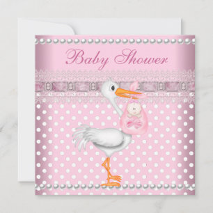 Baby Shower Girl Baby Pink Spot Pearl Stork Invitation