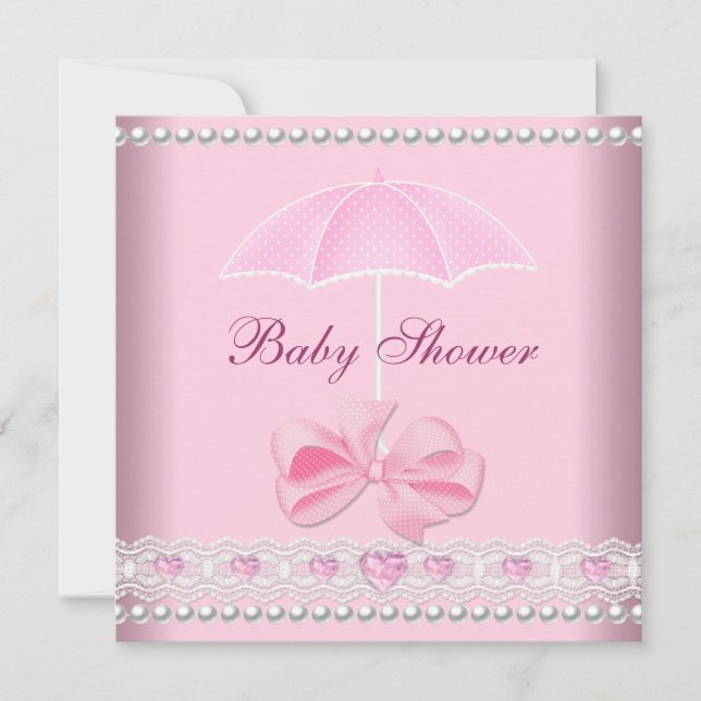 Baby Shower Girl Baby Pink Umbrella Pearl Lace Invitation (Front)