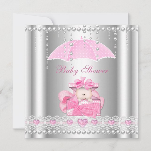Baby Shower Girl Baby Pink Umbrella Pearl Silver Invitation (Front)