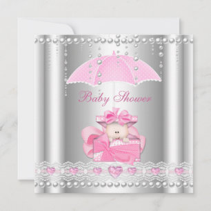 Baby Shower Girl Baby Pink Umbrella Pearl Silver Invitation