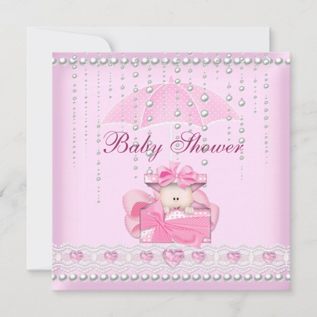 Baby Shower Girl Baby Pink Umbrella Pearl White Invitation (Front)