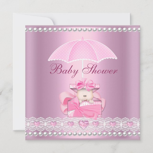 Baby Shower Girl Baby Pink Umbrella Pearl White Invitation (Front)