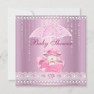 Baby Shower Girl Baby Pink Umbrella Pearl White Invitation