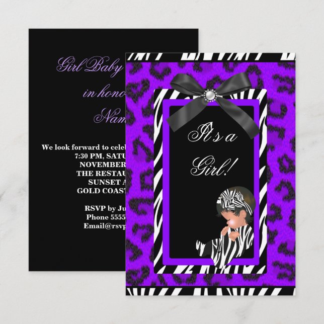 Baby Shower Girl Baby Purple Black Zebra Invitation (Front/Back)