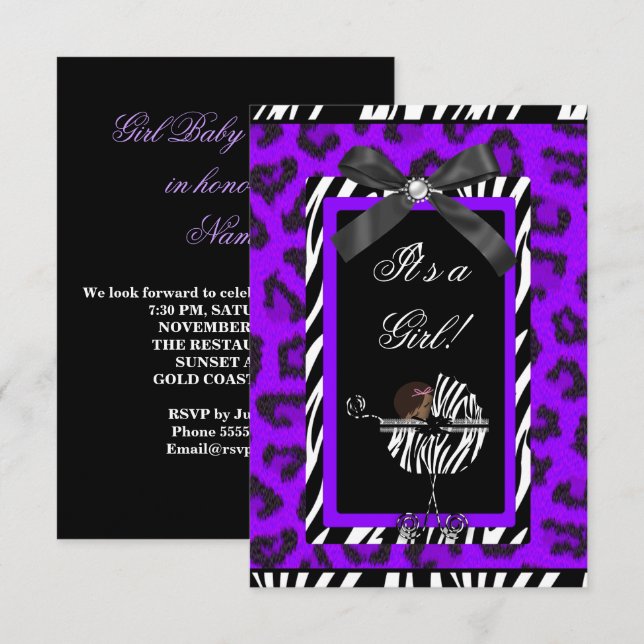 Baby Shower Girl Baby Purple Black Zebra Invitation (Front/Back)