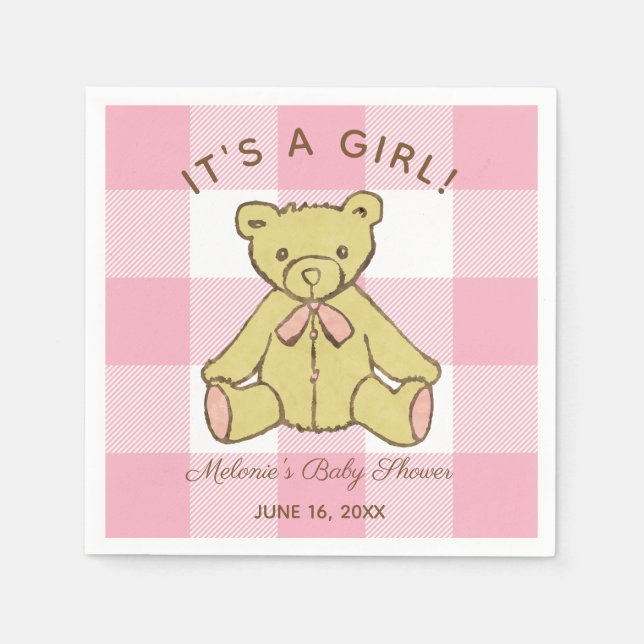 Baby Shower Girl Bear with Name and Date Napkin (Front)