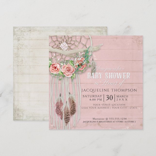 Baby Shower Girl BOHO Dream Catcher Wood Feather Invitation (Front/Back)