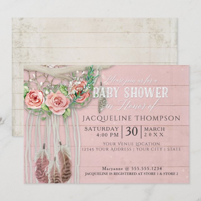 Baby Shower Girl BOHO Dream Catcher Wood Floral Invitation (Front/Back)