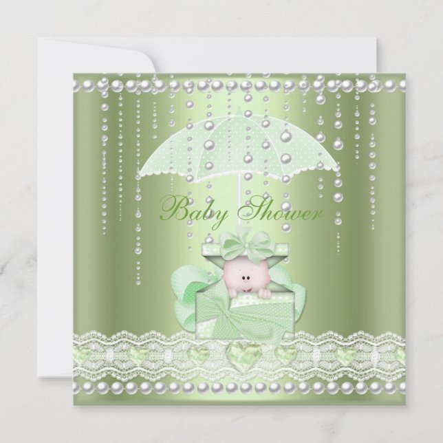 Baby Shower Girl Boy Baby Mint Umbrella Pearl Invitation (Front)