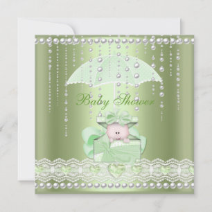 Baby Shower Girl Boy Baby Mint Umbrella Pearl Invitation