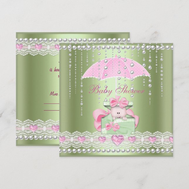 Baby Shower Girl Boy Baby Pink Mint Umbrella Pearl Invitation (Front/Back)
