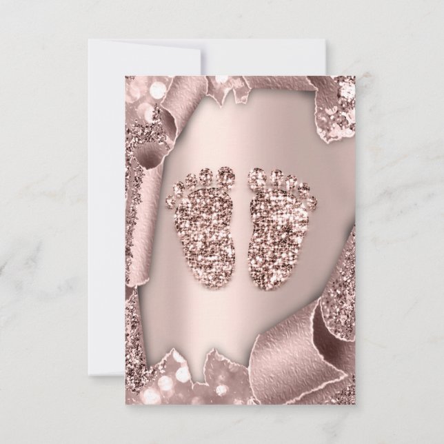 Baby Shower Girl Boy Feet  Glam Rose Gold 3D Effec Invitation (Back)