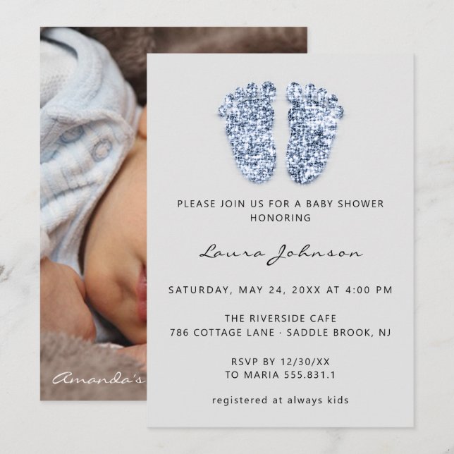 Baby Shower Girl Boy Feet Glitter Photo Blue Grey Invitation (Front/Back)