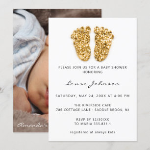 Baby Shower Girl Boy Feet Glitter Photo Gold Invitation