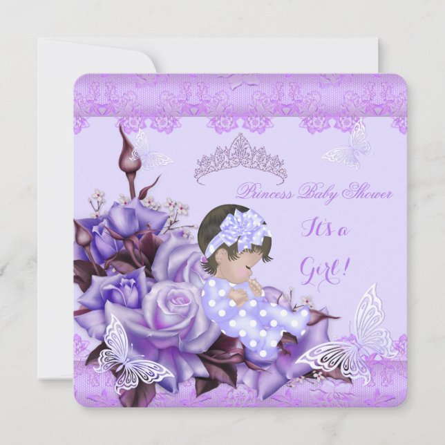 Baby Shower Girl Butterfly Lilac Brown Haired Baby Invitation (Front)