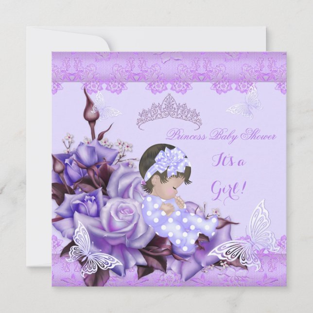 Baby Shower Girl Butterfly Lilac Brown Haired Baby Invitation (Front)