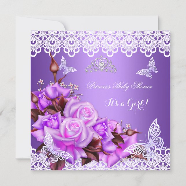 Baby Shower Girl Butterfly Purple Pink Lilac Roses Invitation (Front)