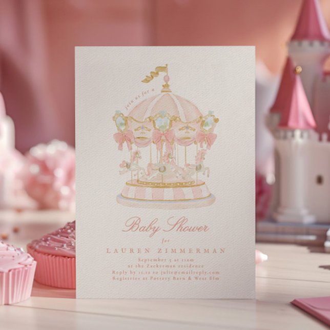 Baby Shower Girl Carousel Fairytale Bows Pink Invitation (Creator Uploaded)