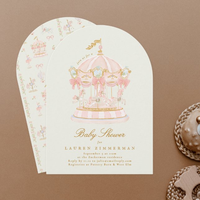 Baby Shower Girl Carousel Fairytale Bows Sage Arch Invitation (Creator Uploaded)