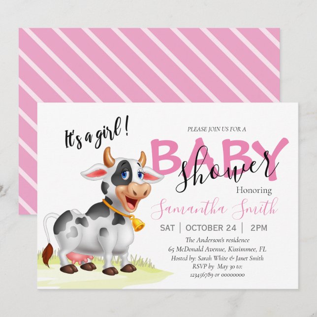 Baby Shower, Girl Cow Pink Invitation (Front/Back)