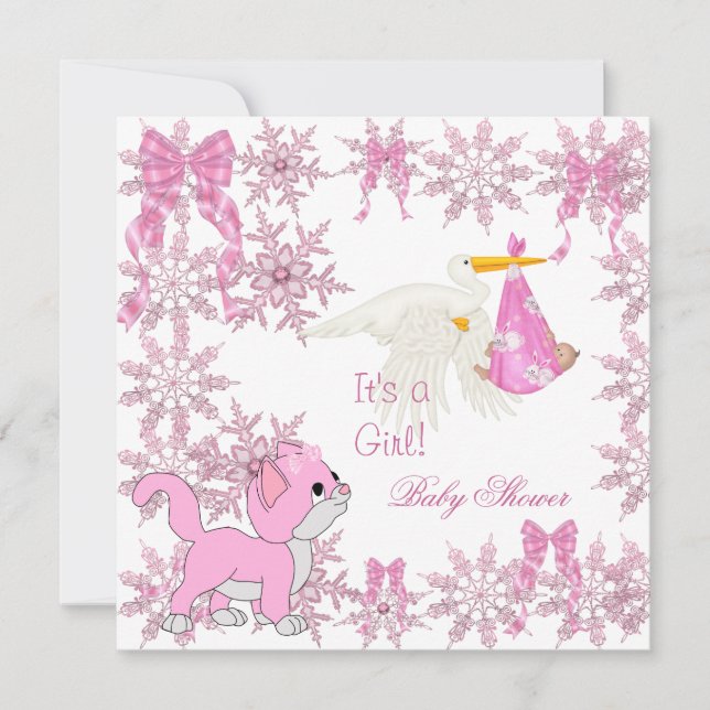 Baby Shower Girl Cute Kitten Stork Invitation (Front)