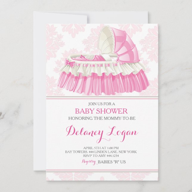 Baby Shower Girl Damask Bassinet Invitation (Front)