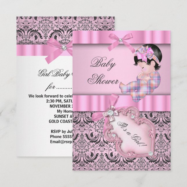 Baby Shower Girl Damask Pink Grey Invitation (Front/Back)