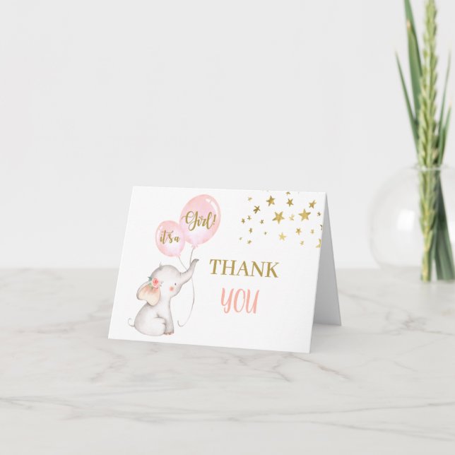 Baby Shower Girl Elephant foldable  Thank You Card (Front)