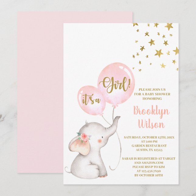 Baby Shower Girl Elephant Invitation (Front/Back)