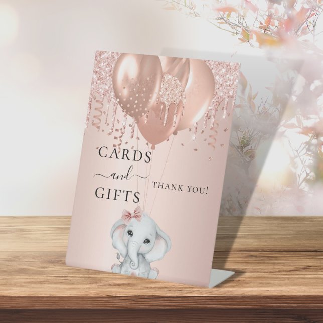 Baby Shower girl elephant rose gold balloons gifts Pedestal Sign (Creator Uploaded)