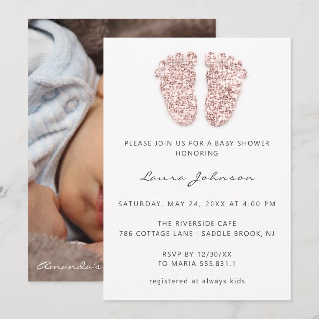 Baby Shower Girl Feet Glitter Rose  Photo White  Invitation (Front/Back)